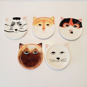 Vintage Cat Face Ceramic Drink Coasters - 5 Piece Set